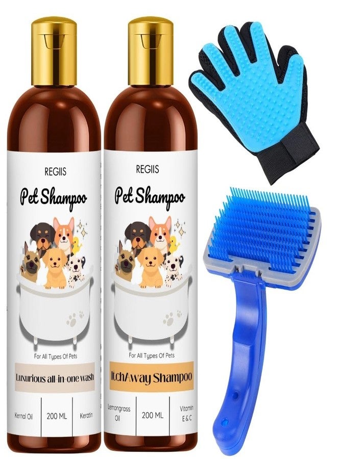 REGIIS Pet Grooming Set, All-in-One Wash and Itch Away Dog Shampoo with Grooming Brush and Glove, 200ml(Pack of 4) - Image 1